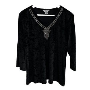 Women's Velvet Cold Shoulder Top Size XL Black Silver Beading Details V-Neck